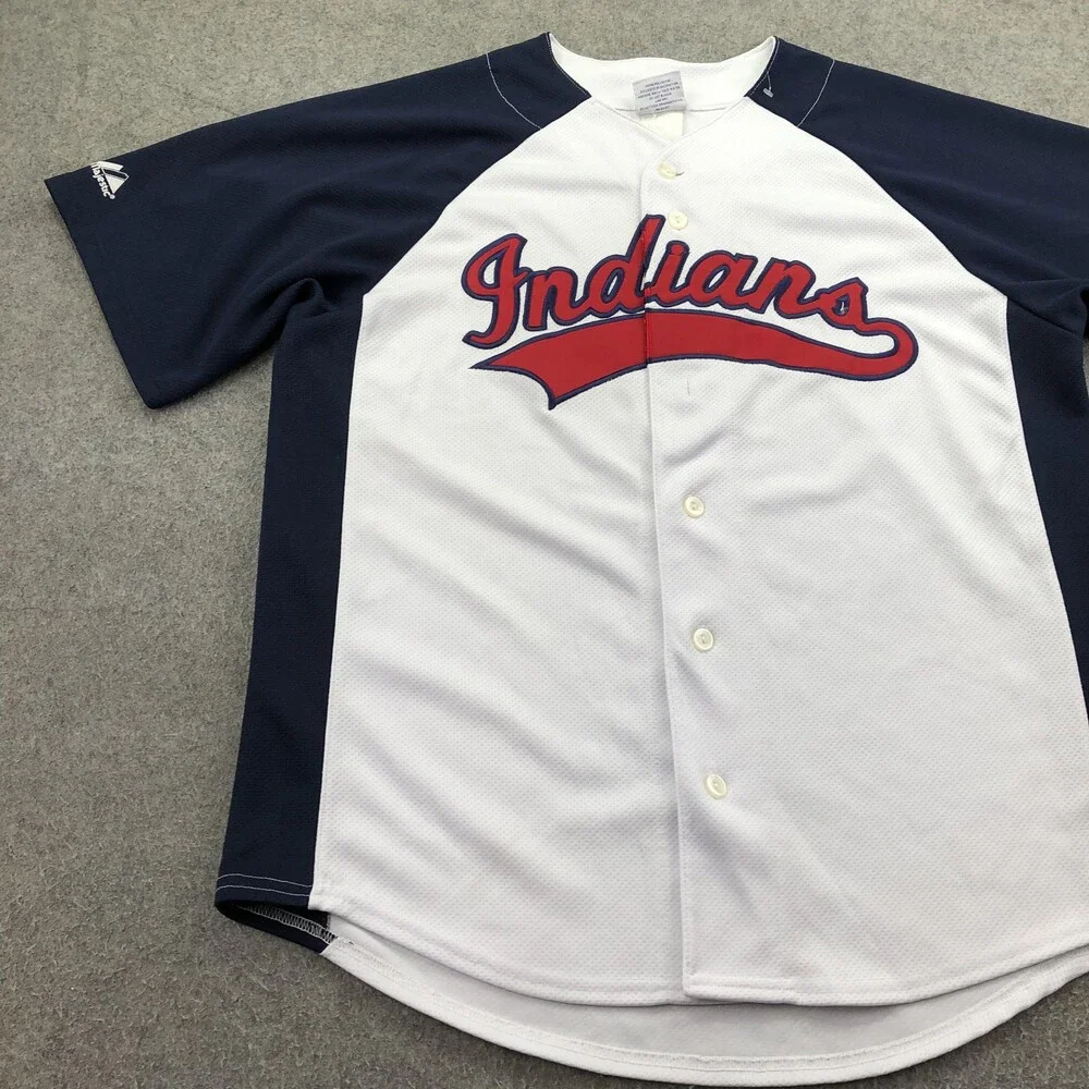 Vintage Cleveland Indians Jersey Mens XL White Blue MLB Majestic Button Front